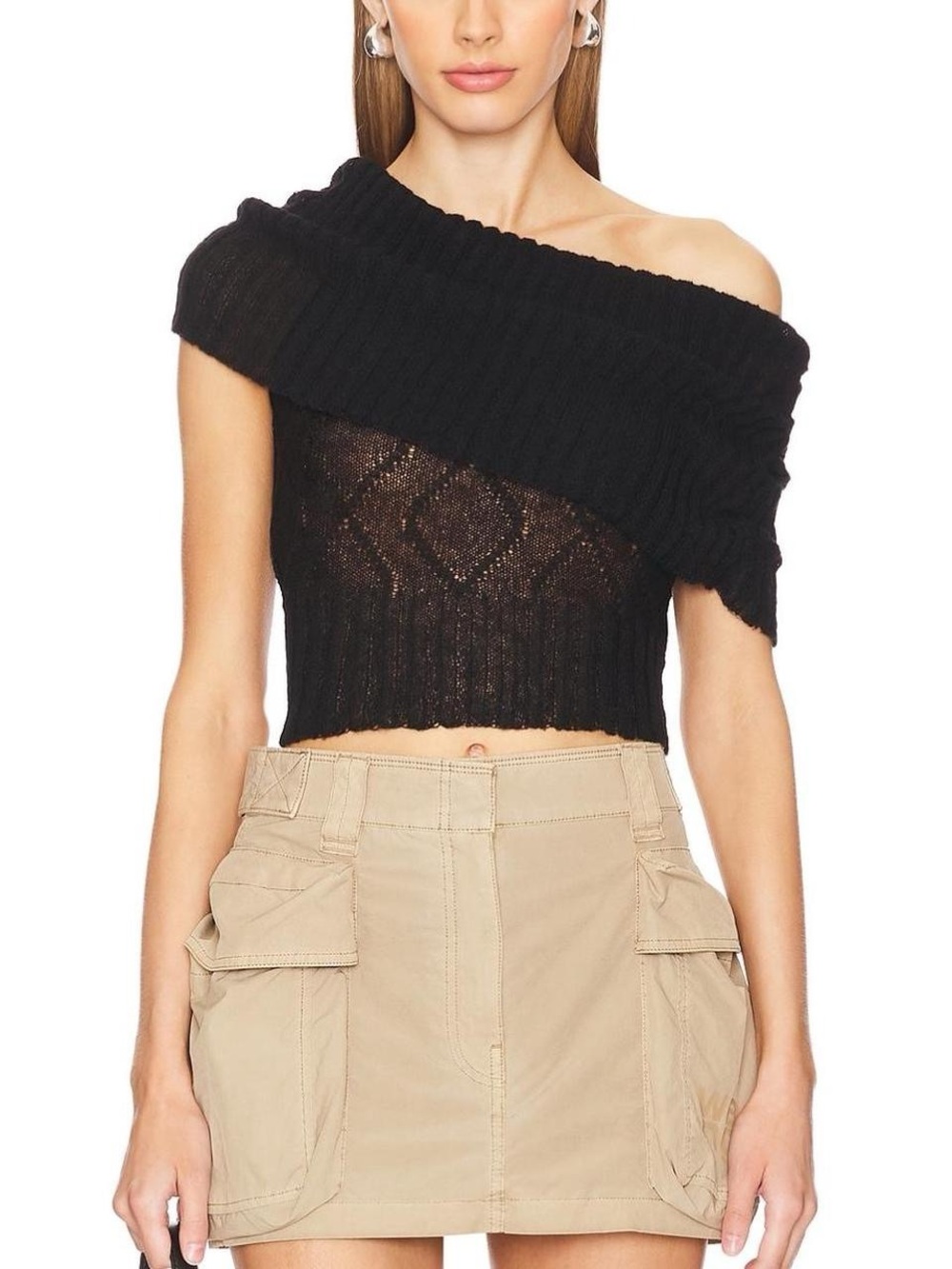 superdown Black Off-Shoulder Ribbed Crop Sweater
